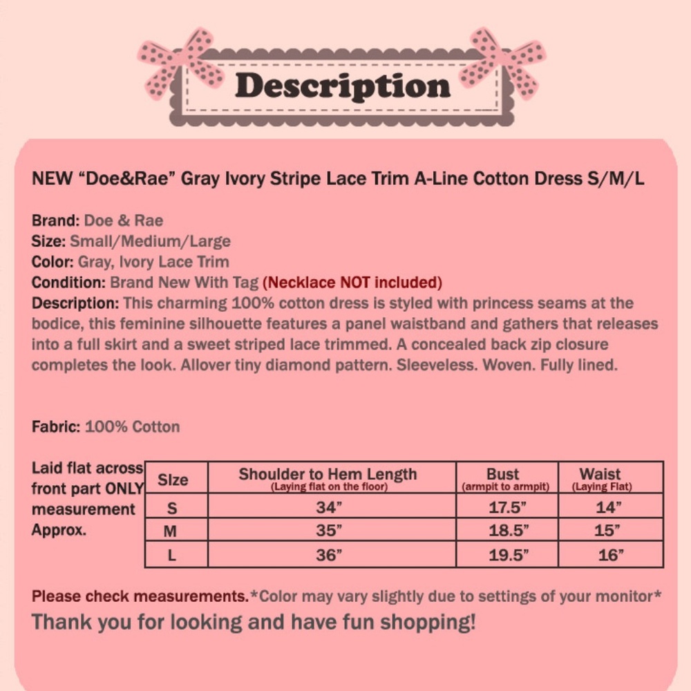 Gray White Lace Trim 100% Cotton Cute A line Dress - Picture 8 of 8